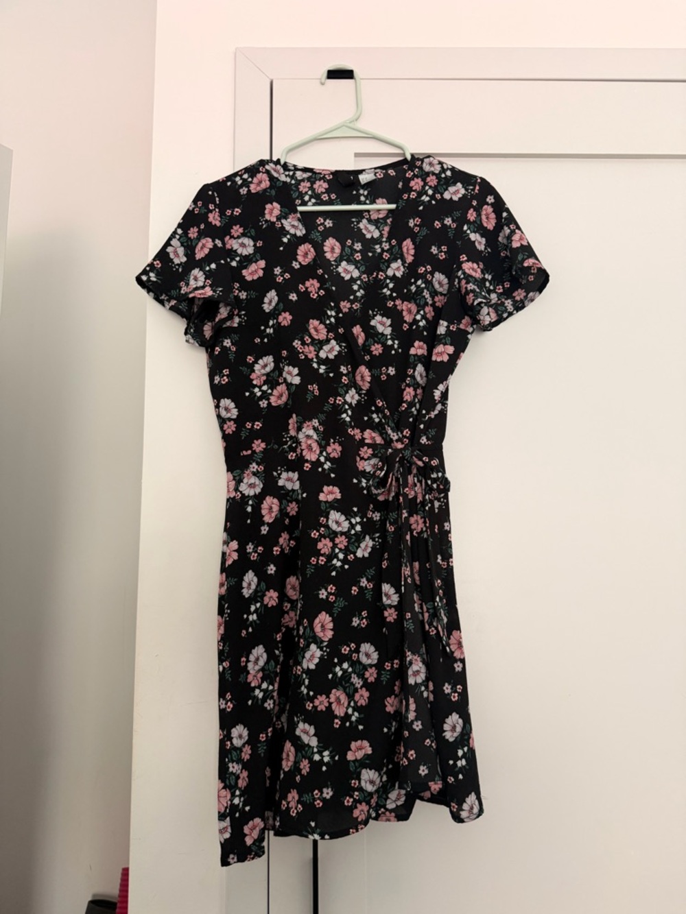 H&M Black Floral Wrap Mini Dress with Pink and White Flowers